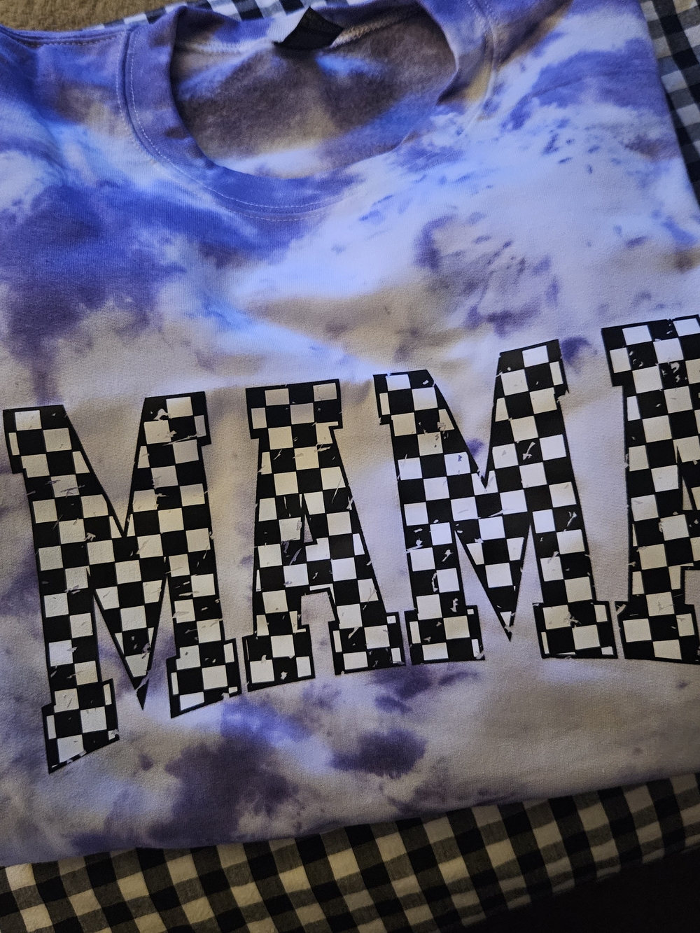 Tie-Dye Graphic Crewneck with Checkered Lettering -MAMA Purple
